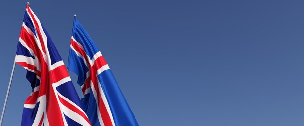 Flags of the United Kingdom and Iceland on flagpoles on side Flags on a blue background Great Britain England Reykjavik 3D illustration