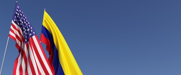 Photo flags of united states and colombia on flagpoles on the side flags on a blue background place for text united states of america bogota commonwealth 3d illustration