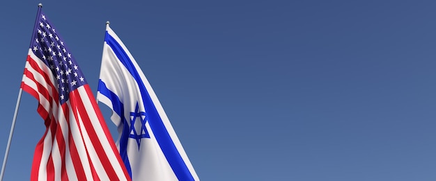 側面の旗竿にあるアメリカ合衆国とイスラエルの旗青い背景の旗テキストの場所アメリカ合衆国エルサレム連邦3Dイラスト
