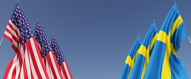 Flags of the United States and Sweden on flagpoles on sides Six flags on a blue background Place for text United States of America Stockholm 3D illustration