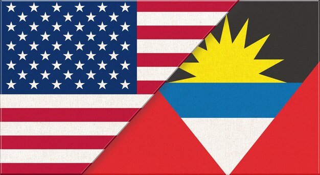 Flags of USA and Antigua and Barbuda American and Antigua and Barbuda national flags on fabric surface Flag of USA and Antigua and Barbuda 3D illustration Two Flag Together Fabric Texture