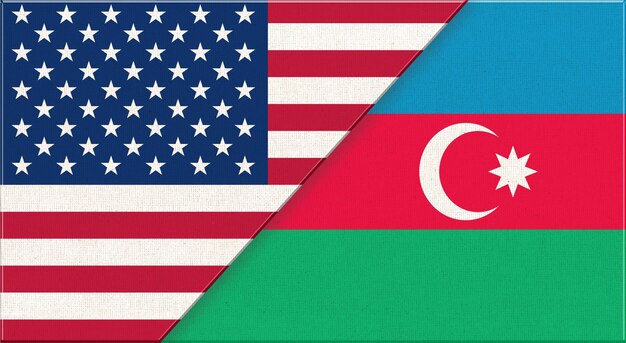 Flags of USA and Azerbaijan American and Azerbaijani national flags on fabric surface USA and Azerbaijani relations Flag of USA and Azerbaijan 3D illustration Two Flag Together Fabric Texture