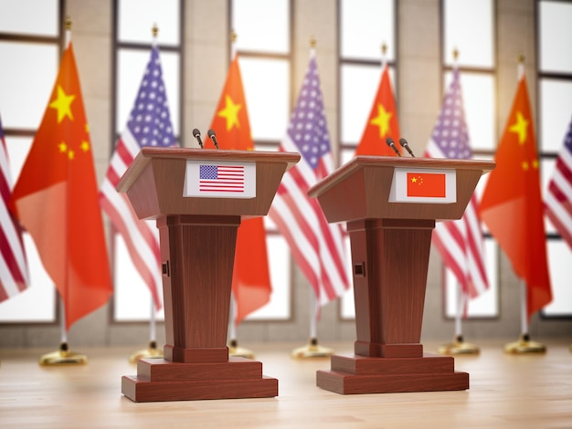 Flags of the USA and China and tribunes at international meeting or conference Relationship between China and USA concept