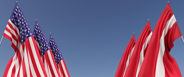 Флаги США и Латвии на флагштоках по бокам Шесть флагов на синем фоне Место для текста Соединенные Штаты Америки Рига 3D иллюстрация