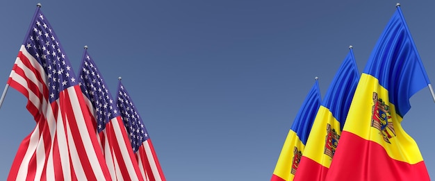 Flags of the USA and Moldova on flagpoles on sides Six flags on a blue background Place for text United States of America Chisinau 3D illustration