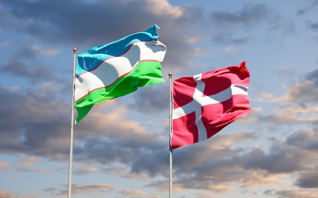 우즈베키스탄과 덴마크의 깃발. 3D 아트 워크