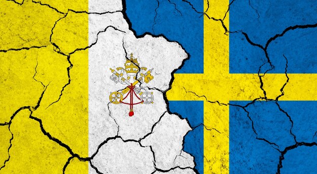 Flags of vatican city and sweden on cracked surface politics relationship concept