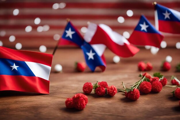 Flags with red berries on the top and the words " national day "