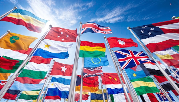 Flags of the world waving in the wind against a blue sky