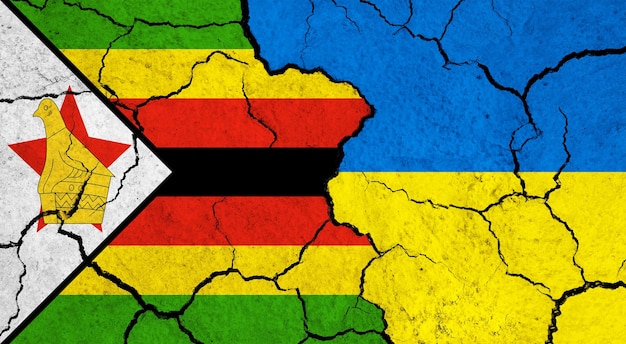 금이 간 표면 정치 관계 개념에 짐바브웨와 우크라이나의 깃발