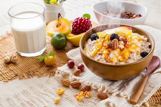 flakes with honey fruits nuts and milk healthy breakfast