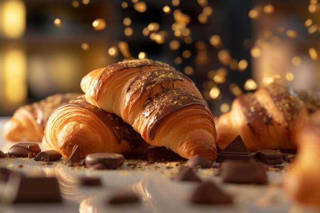 Photo flaky bliss golden croissants with irresistible liquid chocolate generative ai