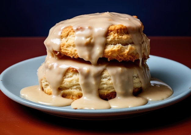 A flaky buttermilk biscuit topped with gravy