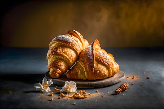 flaky, buttery layers of a freshly baked croissant. The warm, golden-brown color and steam.