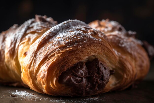 Flaky croissant with creamy filling and a dusting of powdered sugar