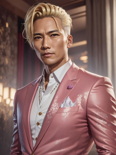 ピンクのスーツを着た派手な筋肉質のアジア人男性