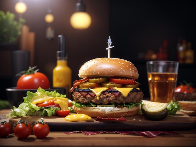 Foto cheeseburger alla fiamma al sesamo con nuove guarnizioni generative ai