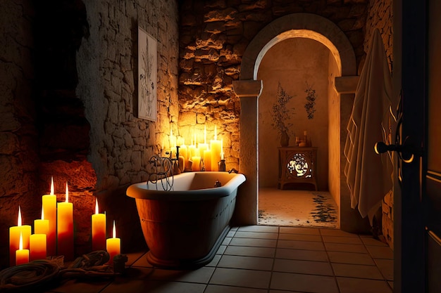 Photo flame burning in bathroom on wall of stone building bath room by candlelight generative ai