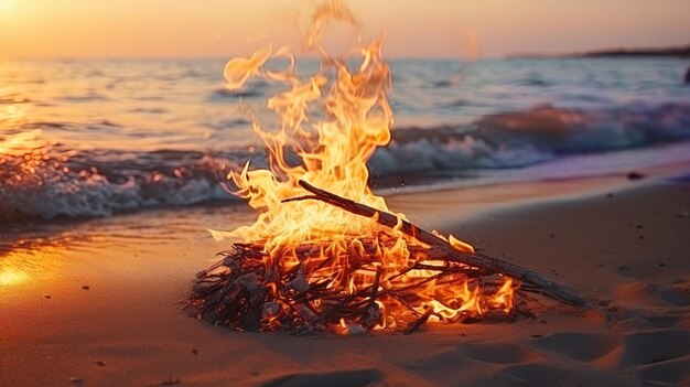 Foto la danza delle fiamme il fuoco in un palo sulla riva