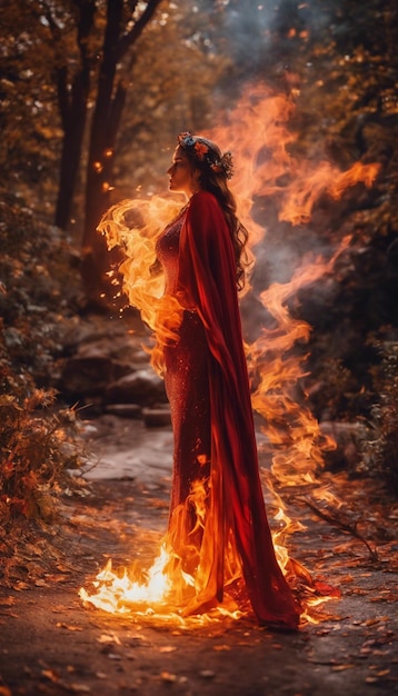 Photo the flame dancer an ethereal journey through the fiery realms