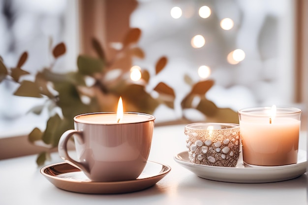 불의 불꽃, 천 위에 놓인 컵 속의 불, 창문 에 있는 거실 한가운데에 있는 테이블 위에 있는 커피 컵, 따뜻하고 조용하고 쾌적한 겨울 배경으로 편안한 분위기를 만들어라.