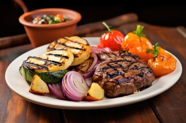 Flame grilled burger with a side of grilled vegetables