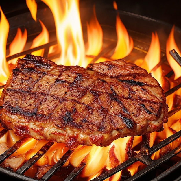 Flame grilled meat cooking on flames generated by AI