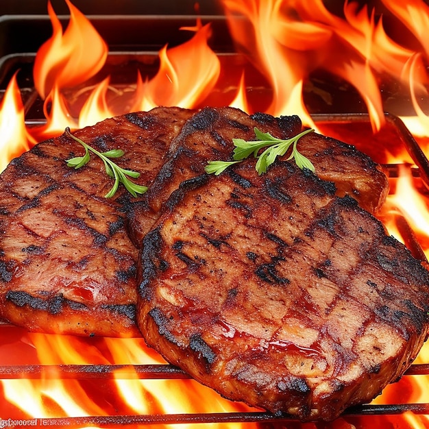 Flame grilled meat cooking on flames generated by AI