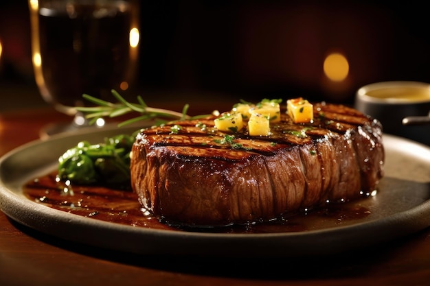 A flame grilled ribeye steak cooked medium