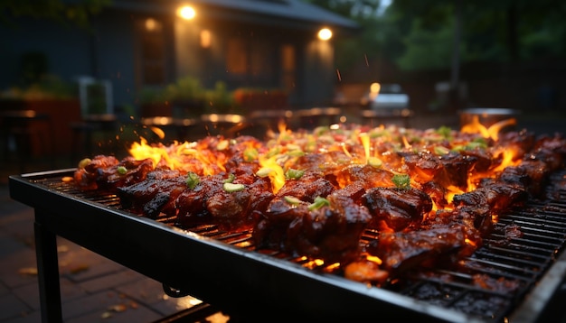 Foto il calore e il fumo della carne sulla griglia a fiamma creano un pasto gourmet all'aperto generato dall'intelligenza artificiale