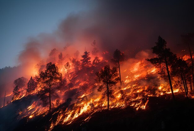 Photo a flame is burning on a hill beside trees in the style of light red and dark green