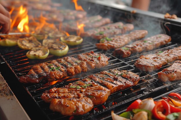 Flame kissed barbecue Juicy beef and chicken steaks cooking outdoors