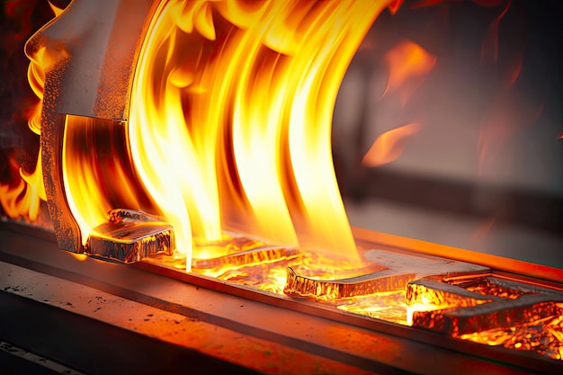 Flame on metal in shop of factory for rolling aluminum and manufacture of products generative ai