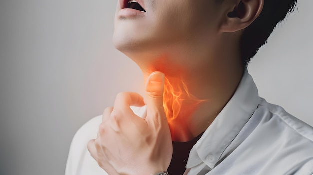 Photo flame at neck of a man concept of sore throat pharyngitis laryngitis thyroiditis choking
