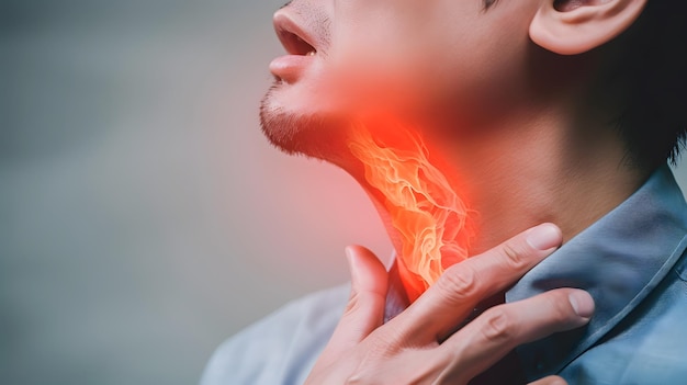 Flame at neck of a man Concept of sore throat pharyngitis laryngitis thyroiditis choking