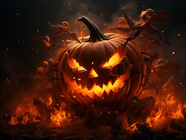 Flame Pumpkins Halloween Scary And Dark Background