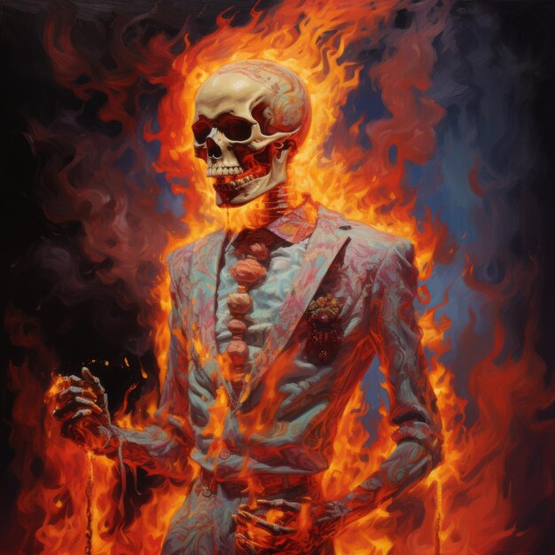 Flameburning Baroque Skeleton Suit Colorful Realism Art