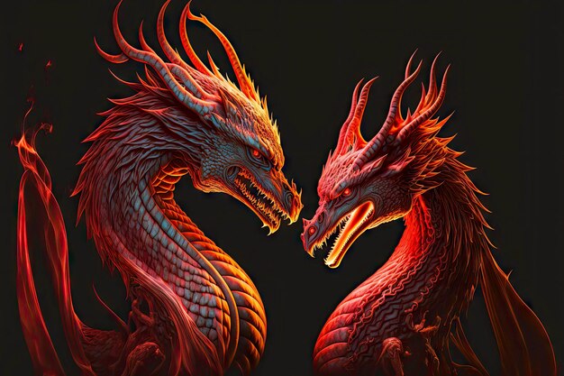 Photo flameengulfed mystical red dragons on black background