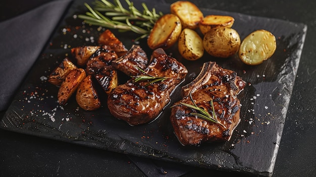Flamegrilled lamb chops with a rosemary garlic marinade served with roasted potatoes