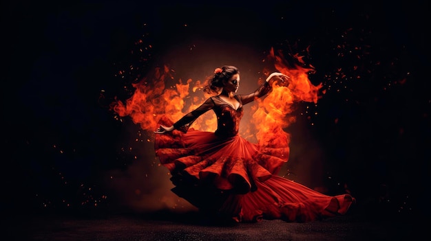 Flamenco Dance Fiery Passion Stunning Spanish woman gracefully dances flamenco with burning flames