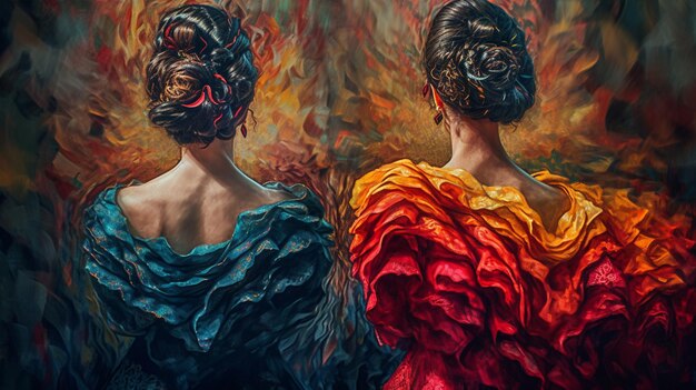 Foto ballerini di flamenco in abiti colorati su sfondo nero ai generativo