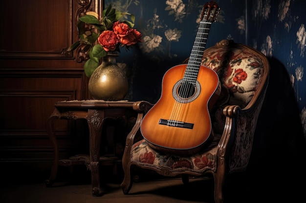 Photo flamenco guitar resting on a traditional chair