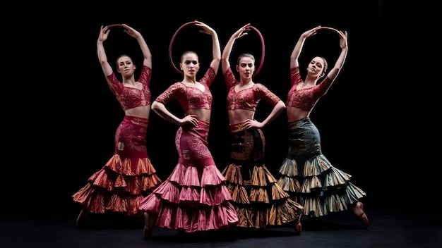 Flamenco Spaanse verleidelijke dansers in traditionele kostuums geïsoleerd op een donkere achtergrond