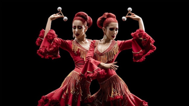 Flamenco spanish seductive dancers wearing traditional costume isolated on a dark background