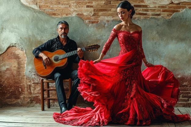 Flamenco woman moving in red dress and Spanish guitar player