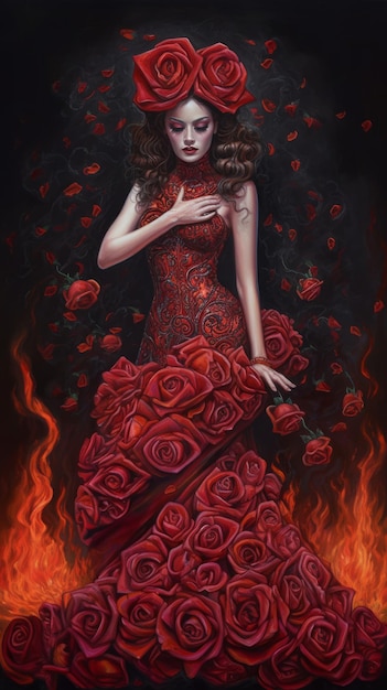 A flamenco women wearing a rose dress in the fire on dark background generative AI