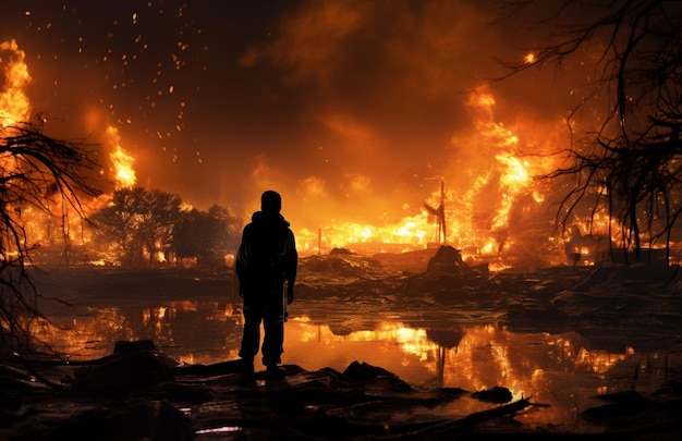 Flames are burning in the background of a man standing in front of a lake generative ai