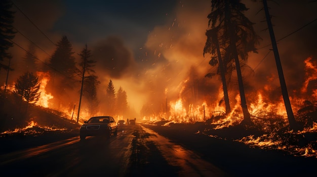 Flames are burning in the distance behind a car on a road generative ai