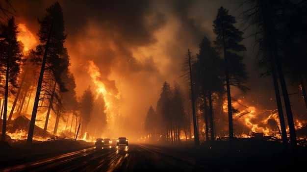 flames are burning in the distance behind a forest with cars driving on the road Generative AI