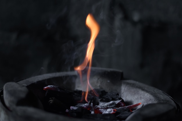 Le fiamme stanno bruciando nella fornace. fiamme ardenti brillano nella fornace.